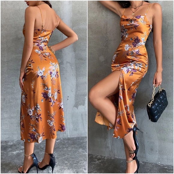 Luxe Floral Print Satin Party Sexy Evening Dress - Picture 2 of 2